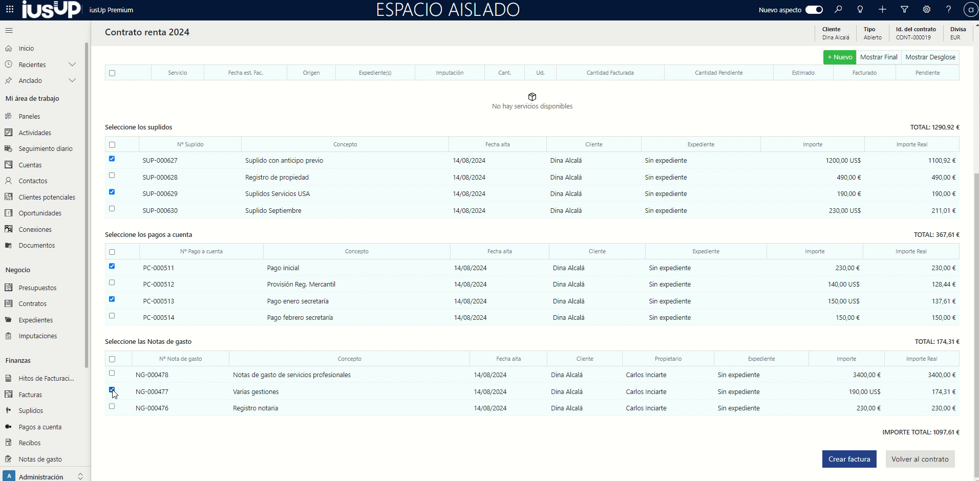 La gestión multidivisa de pagos a cuenta, notas de gasto y suplidos nos muestra el importe expresado en su moneda original y su correspondiente conversión a la hora de disponernos a crear a la factura.